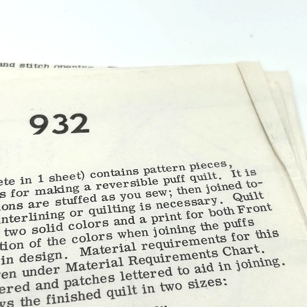 Vintage Reversible Puff Quilt Pattern #932 HTF RARE - Picture 3 of 9